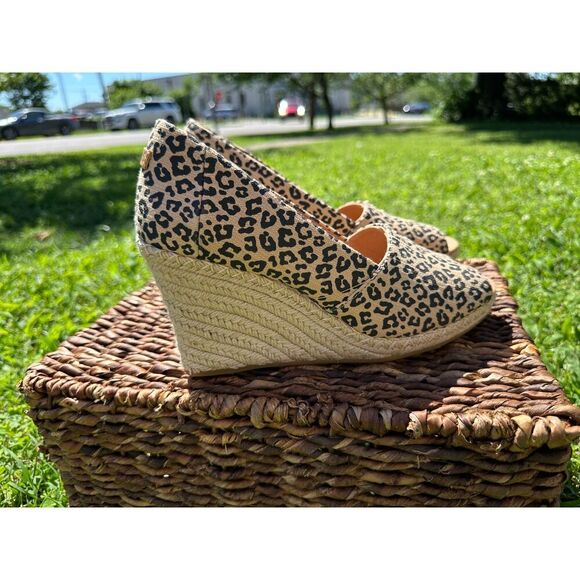 Toms Peep Toe Wedge Sandal Natural Textured Small Leopard Print Size 10 - Picture 5 of 8